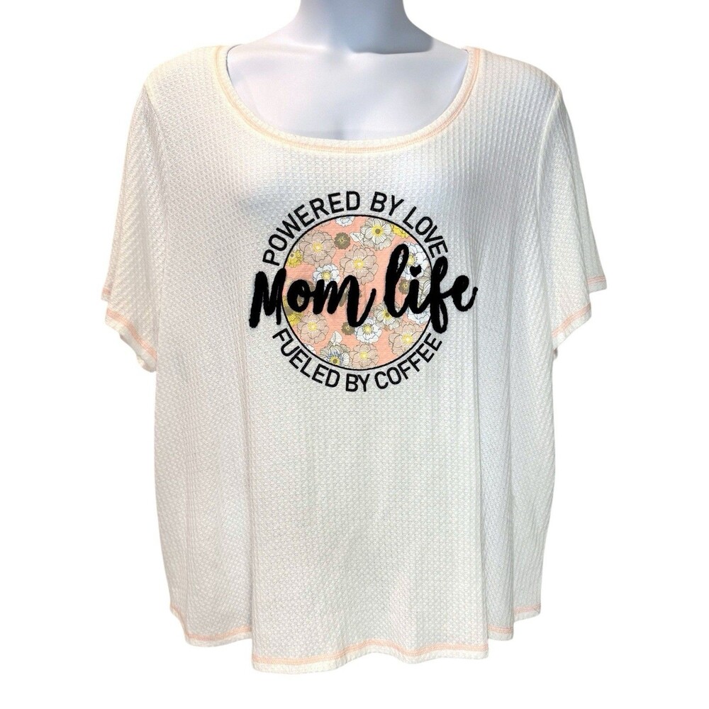 Cato Women’s Plus Size 22/24W Top Waffle Knit Mom Life TShirt White Stretch Tee